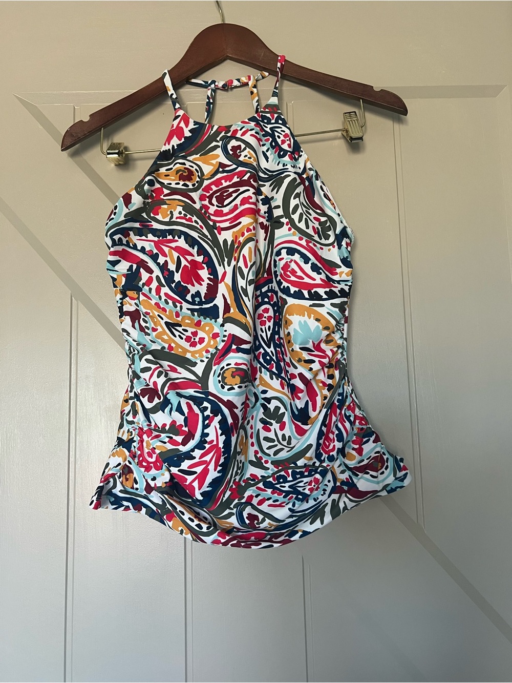 Anne Cole Multicolor Paisley Halter Tank Top in Red, Navy & Mustard